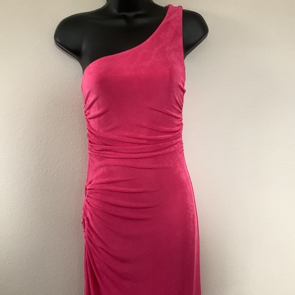 Princess Polly Aligned Pink One Shoulder Side Cutout Ruched Side Slit Maxi Dress - Picture 6 of 12